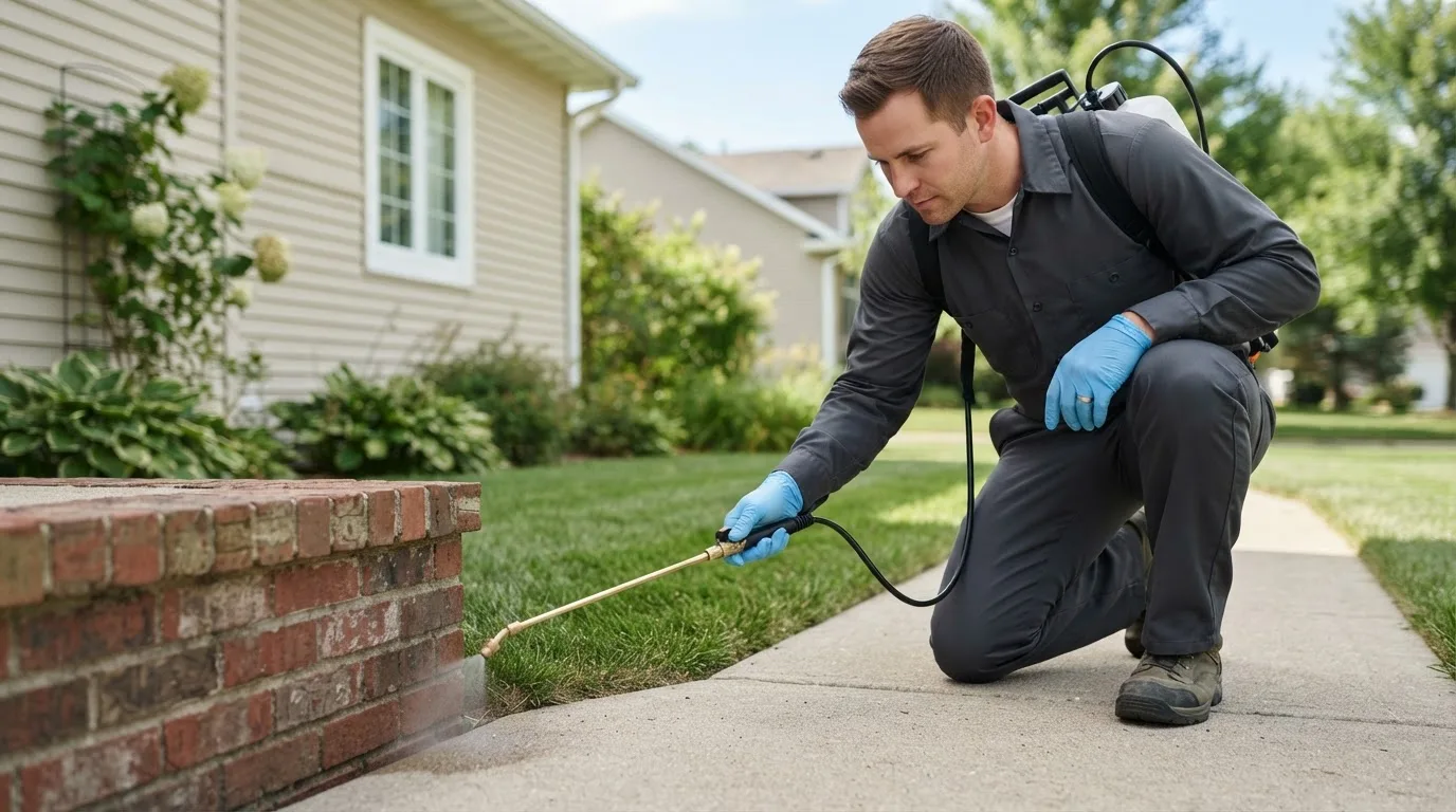 Pest control technician treating a home near Lewis, IN